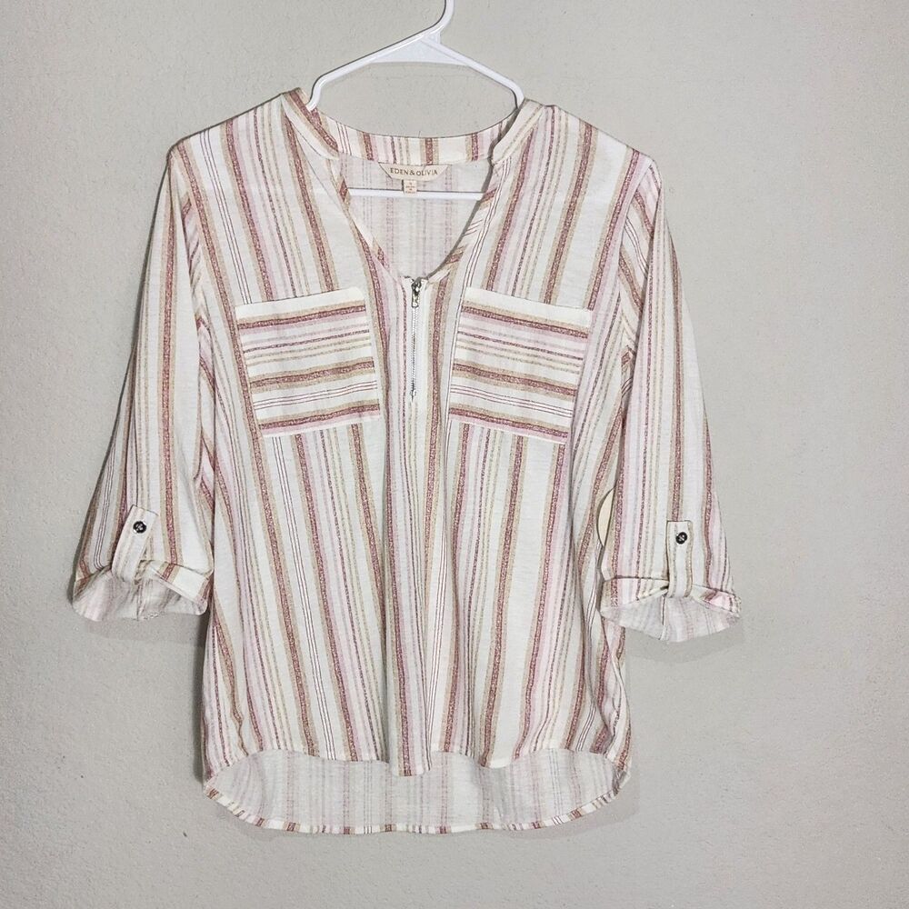 Eden & Olivia Womens Small Striped Zip Front Roll Tab Blouse Casual Boho Top